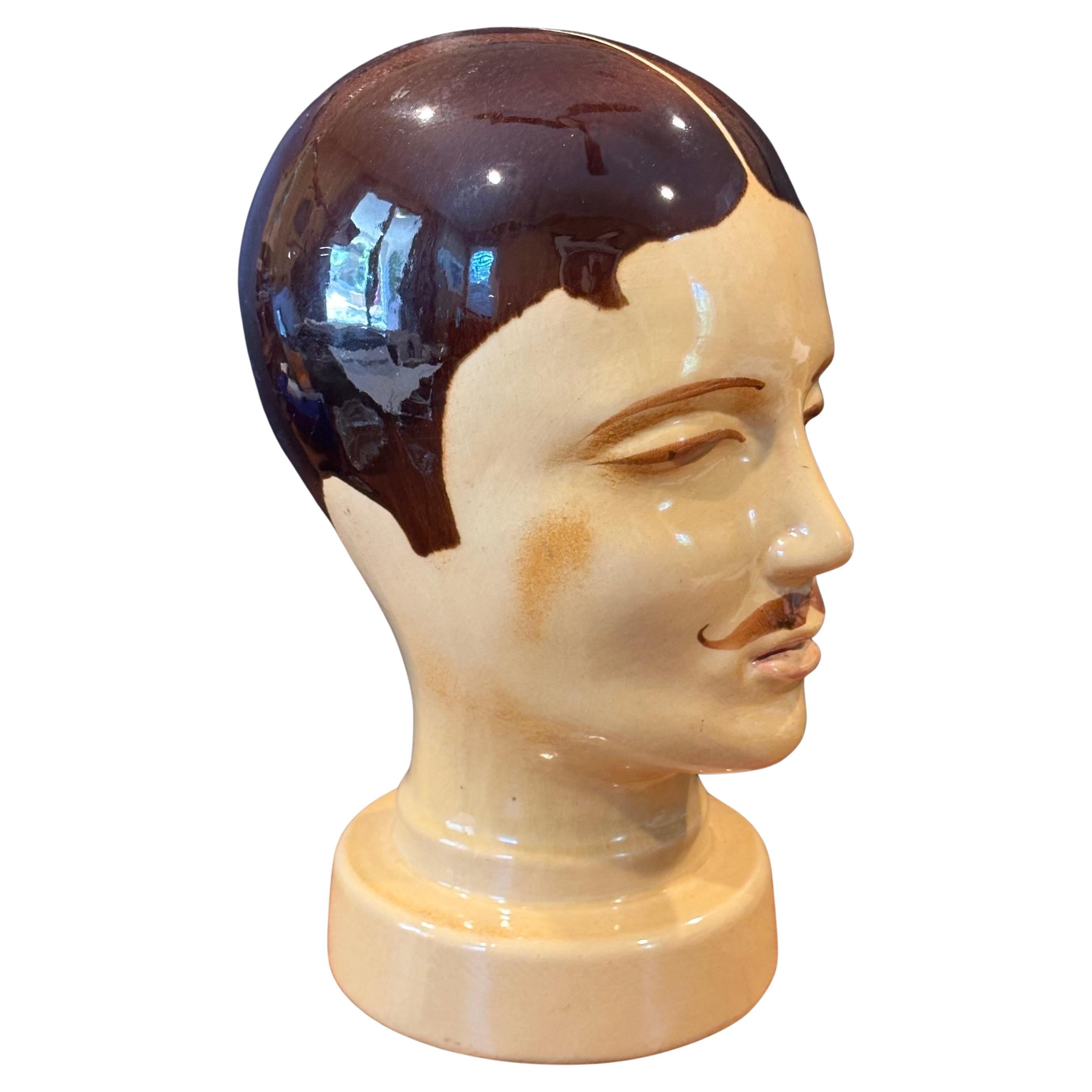 Art Déco Testa di manichino in ceramica della Germania Occidentale vintage con baffi in vendita