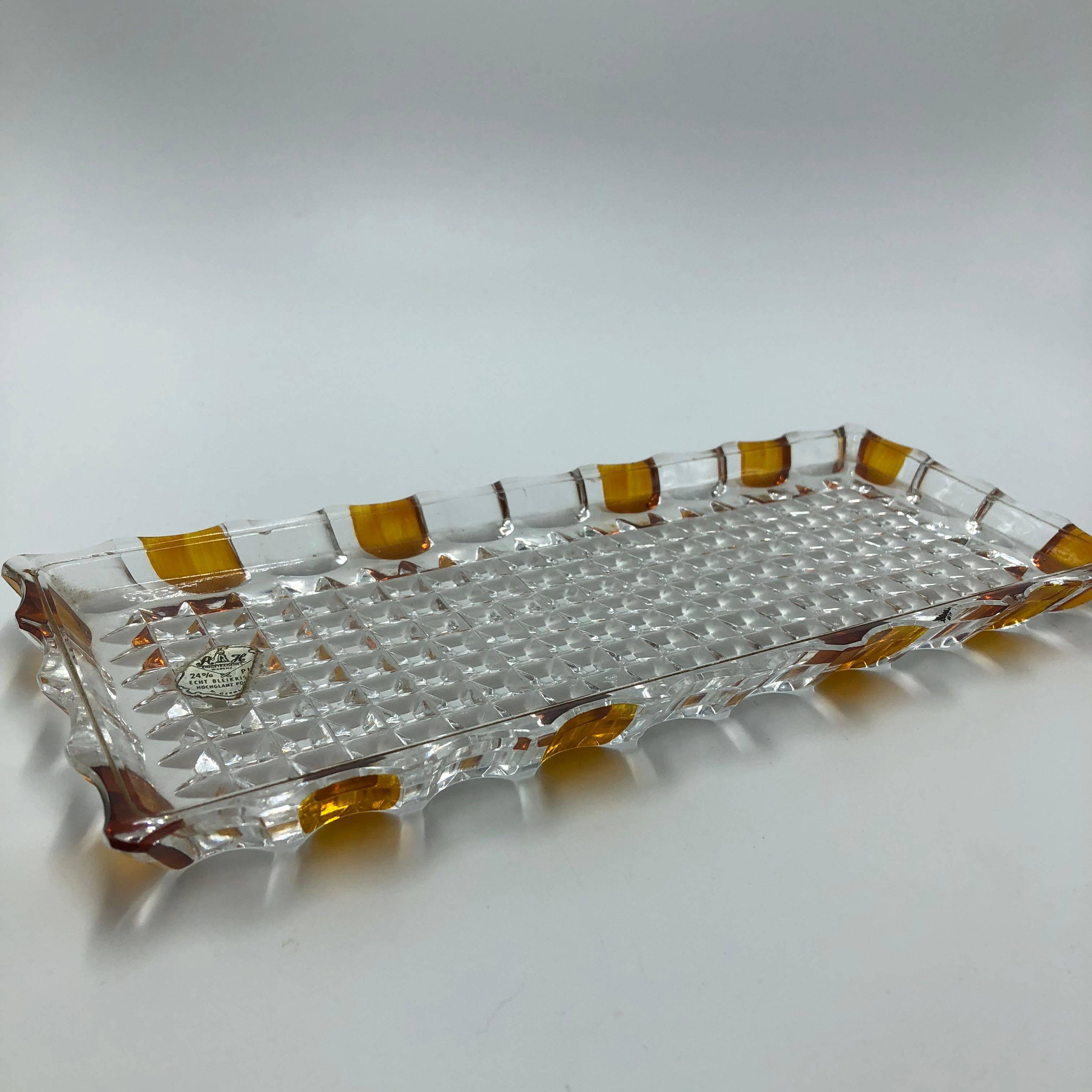 Pressed Vintage West Germany Echt Bleikristall Lead Crystal Golden Amber Jewelry Tray For Sale