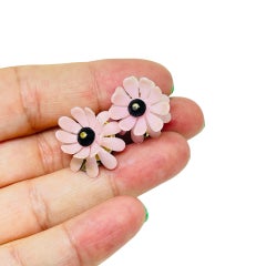 Vintage WEST GERMANY gold tone pink flower clip on earrings