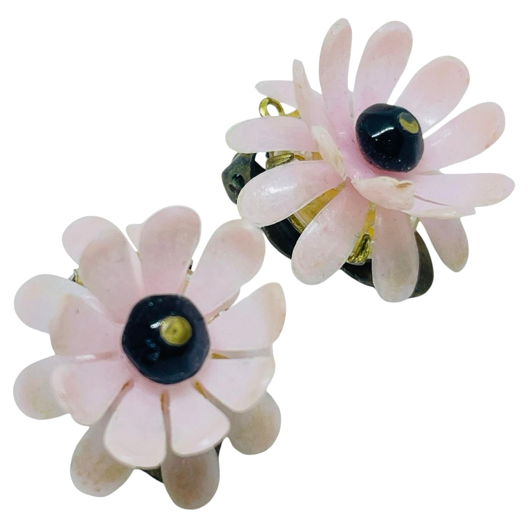 Vintage WEST GERMANY gold tone pink flower clip on earrings
