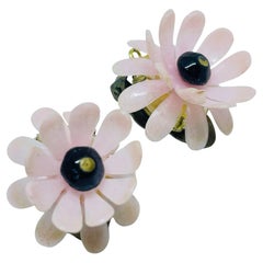 Vintage WEST GERMANY gold tone pink flower clip on earrings