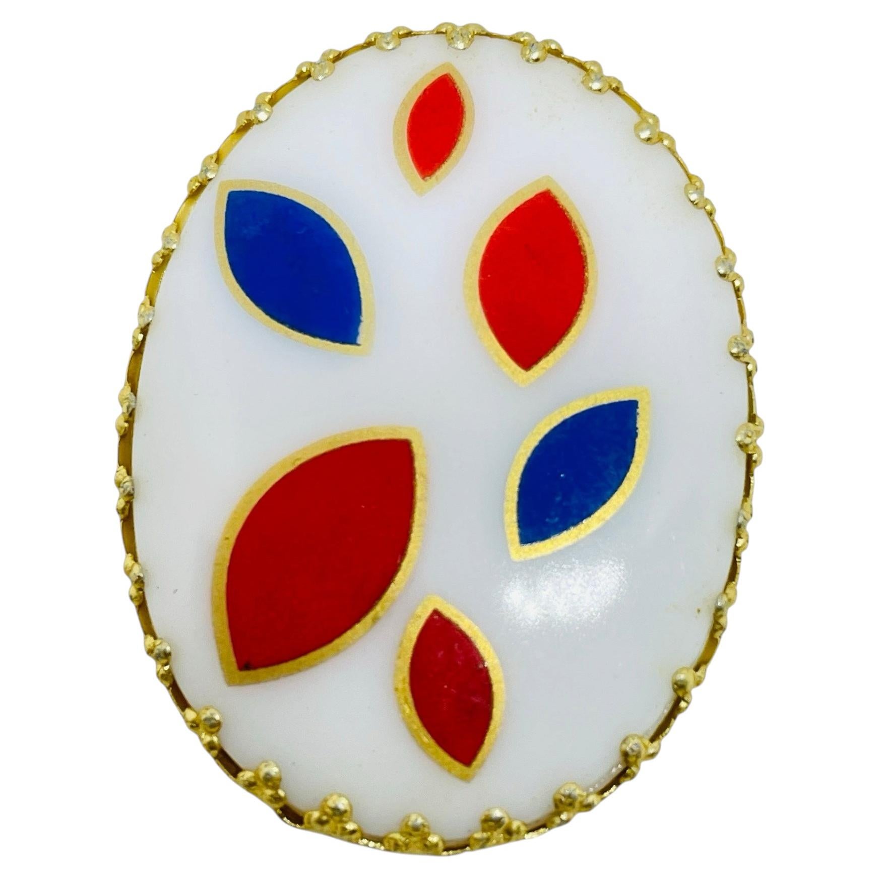 Vintage WEST GERMANY signed gold tone painted glass stone designer brooch