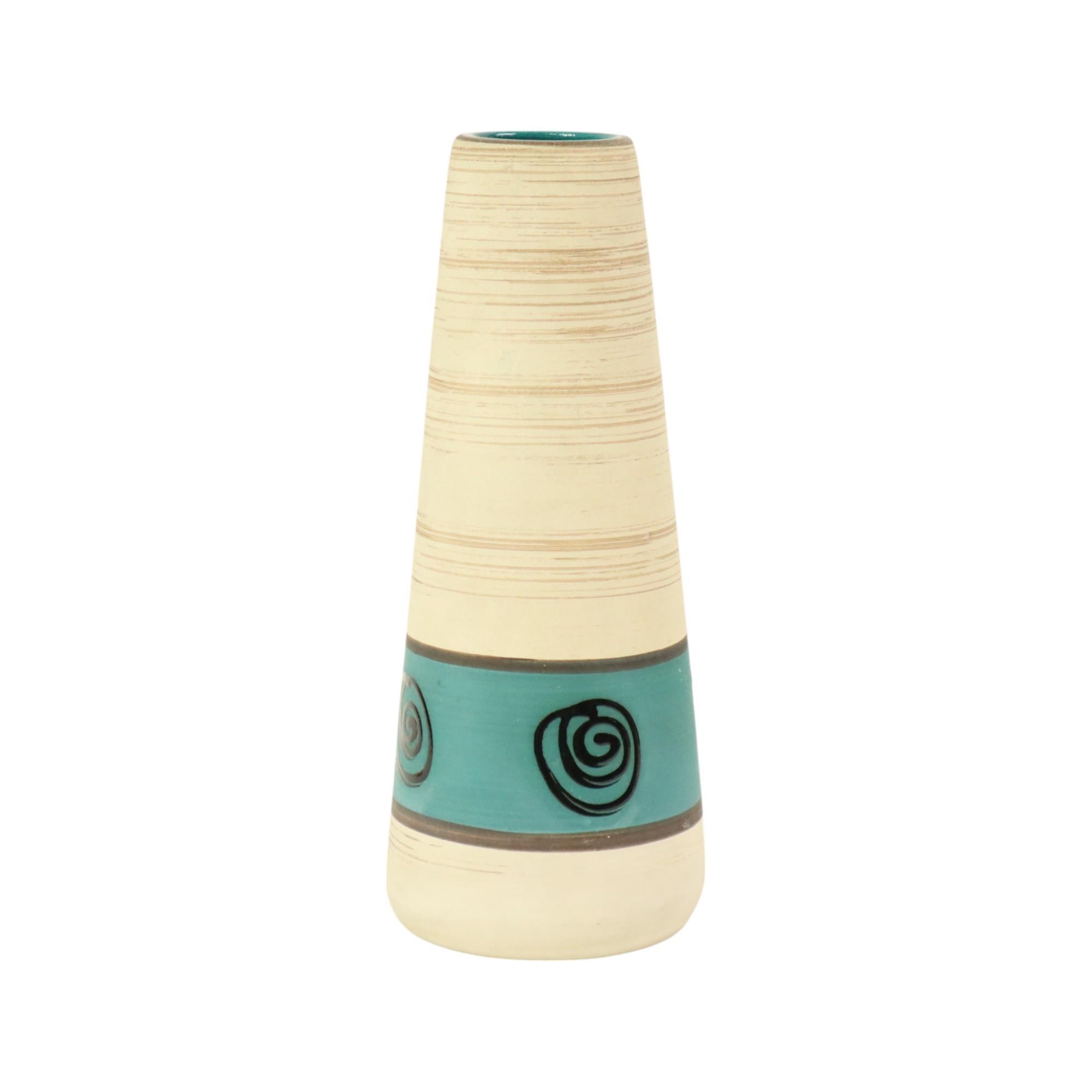 Vaso minimalista d'epoca della Germania occidentale di Scheurich, anni '50, numerato 532-28 sul fondo.

Questo vaso della metà del secolo scorso è smaltato opaco e il disegno astratto è smaltato lucido; in alto e in basso presenta linee orizzontali