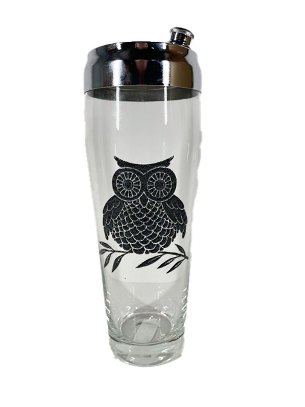 Mid-Century Modern Vintage West Virginia Glass, Owl Cocktail Shaker and Six Rocks Glasses  For Sale