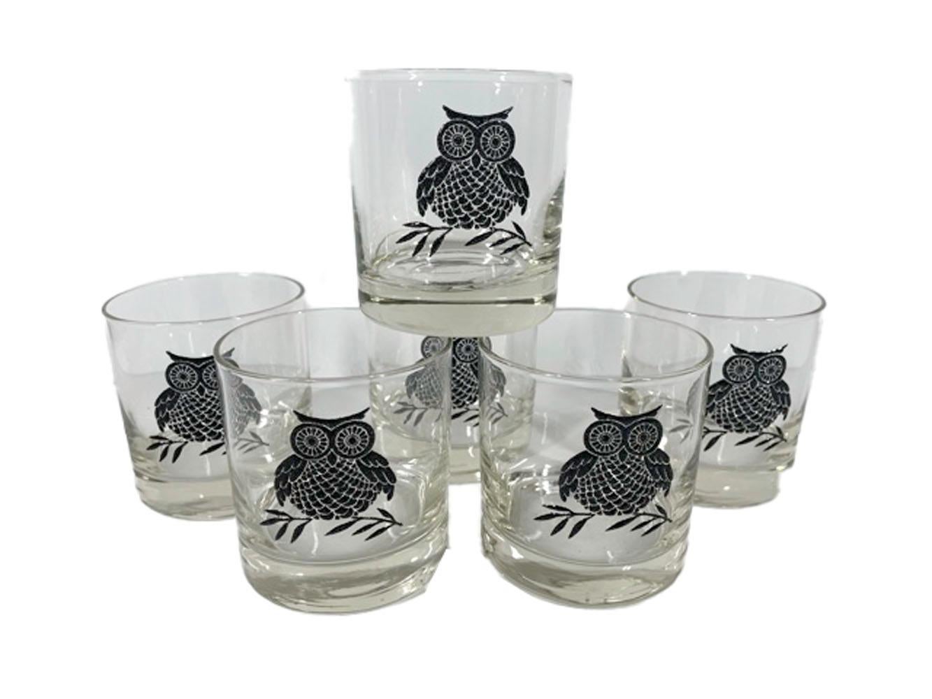 20th Century Vintage West Virginia Glass, Owl Cocktail Shaker and Six Rocks Glasses  For Sale