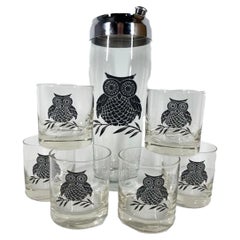 Vintage West Virginia Glass, Owl Cocktail Shaker and Six Rocks Glasses 