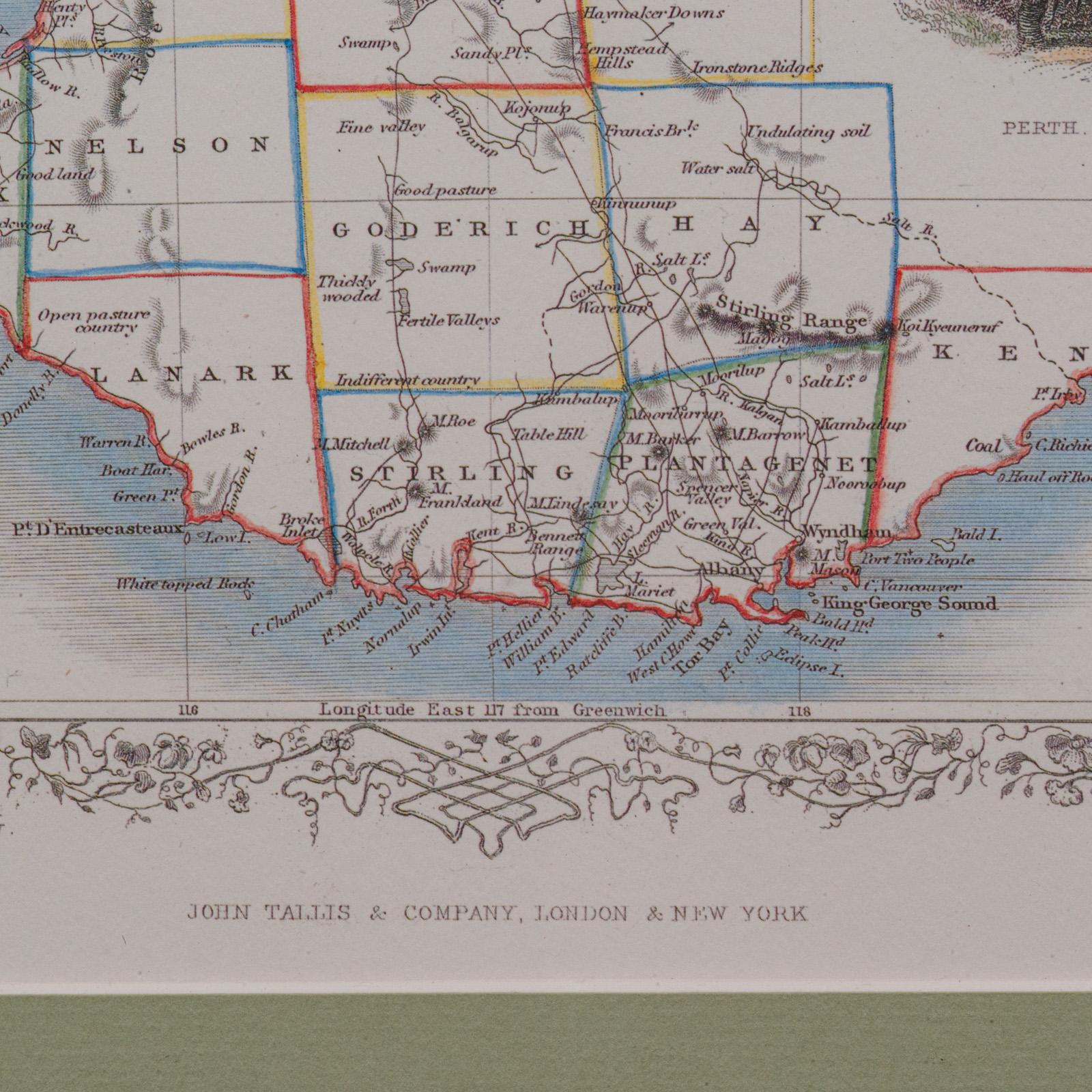 Mappa d'epoca dell'Australia Occidentale, Stampa con cornice, Swan River, Cartografia di John Tallis in vendita 4