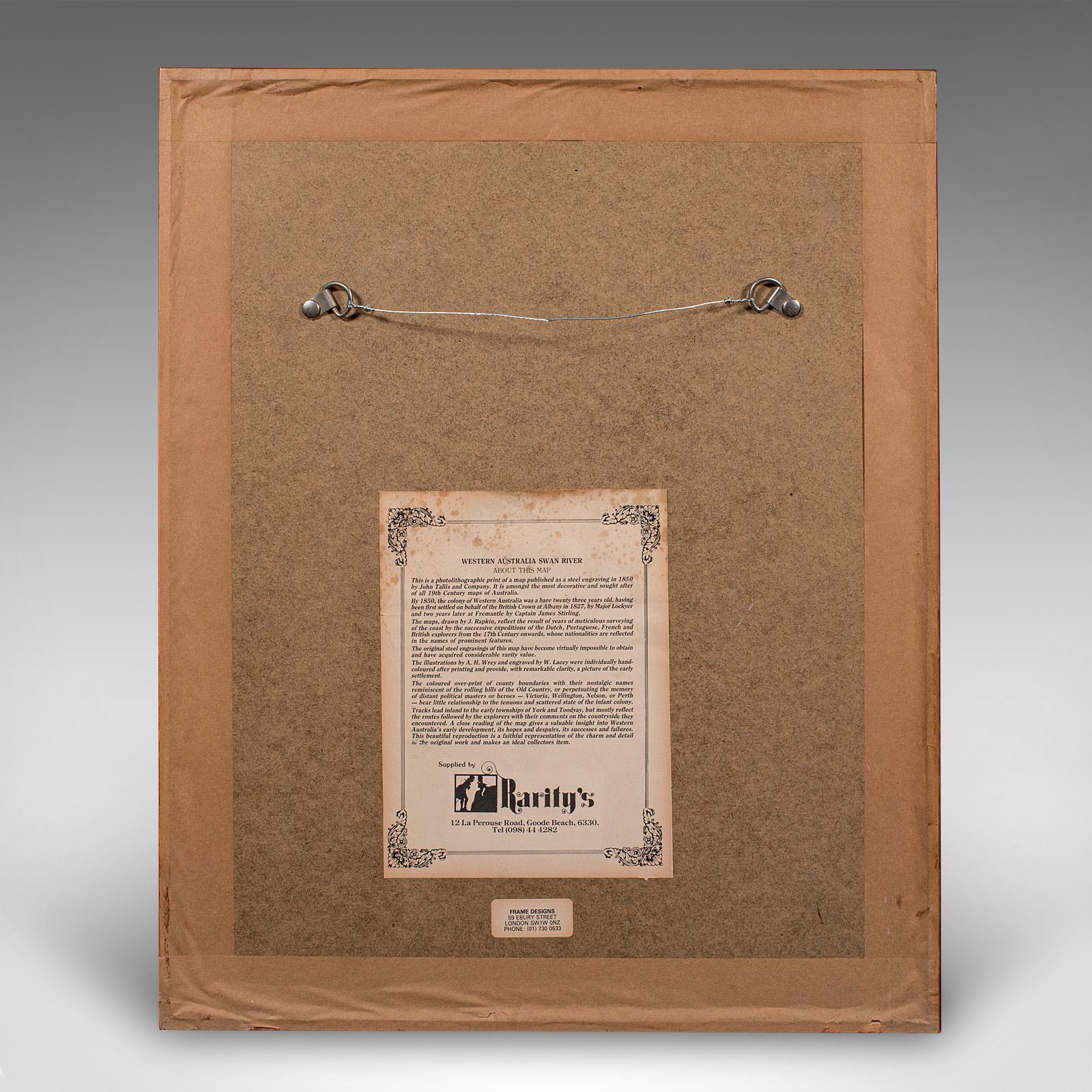 Vittoriano Mappa d'epoca dell'Australia Occidentale, Stampa con cornice, Swan River, Cartografia di John Tallis in vendita