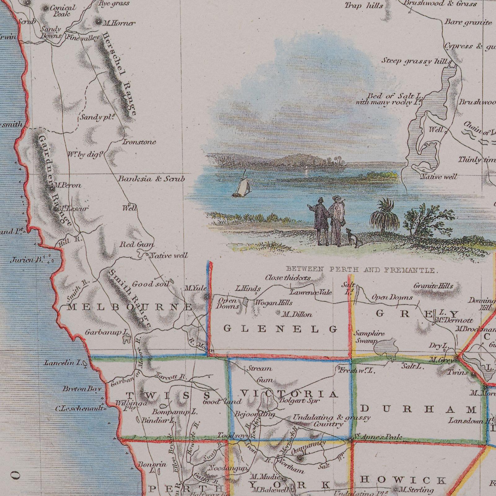 Vetro Mappa d'epoca dell'Australia Occidentale, Stampa con cornice, Swan River, Cartografia di John Tallis in vendita