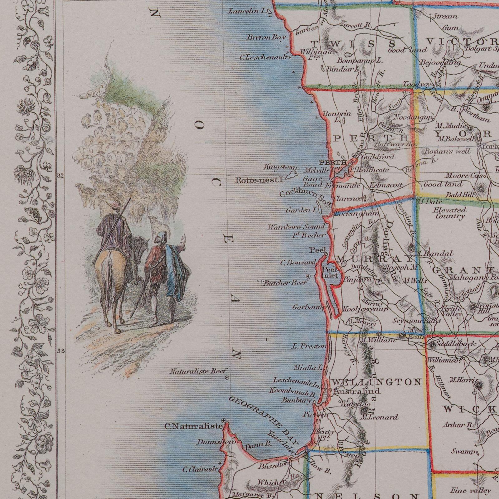 Mappa d'epoca dell'Australia Occidentale, Stampa con cornice, Swan River, Cartografia di John Tallis in vendita 1