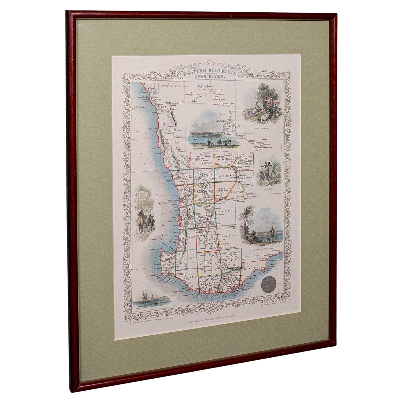 Mappa d
epoca dell
Australia Occidentale, Stampa con cornice, Swan River, Cartografia di John Tallis