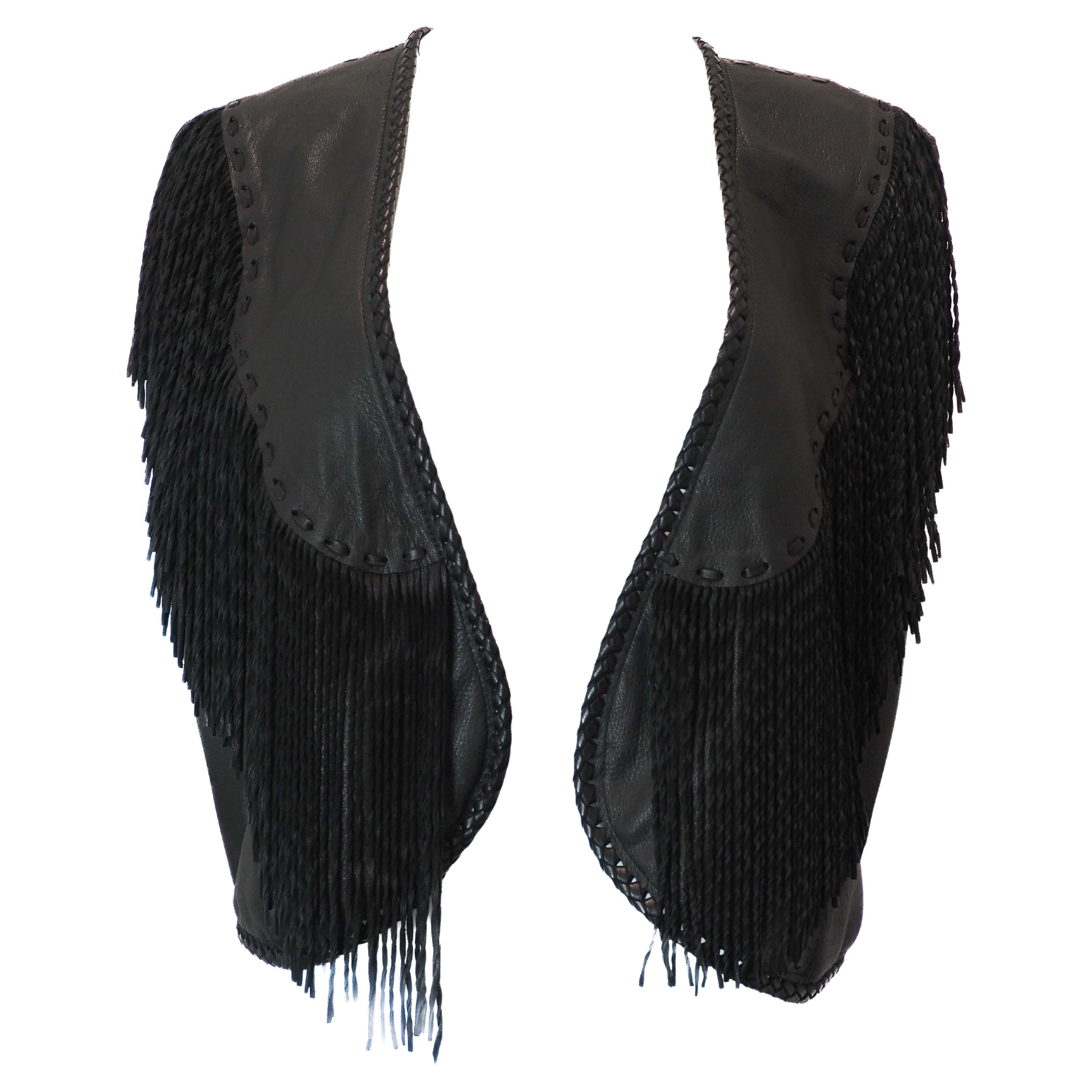Gilet western vintage con frange in pelle nera