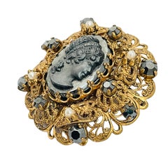 Vintage WESTERN GERMANY gold black cameo rhinestone pearl designer brooch