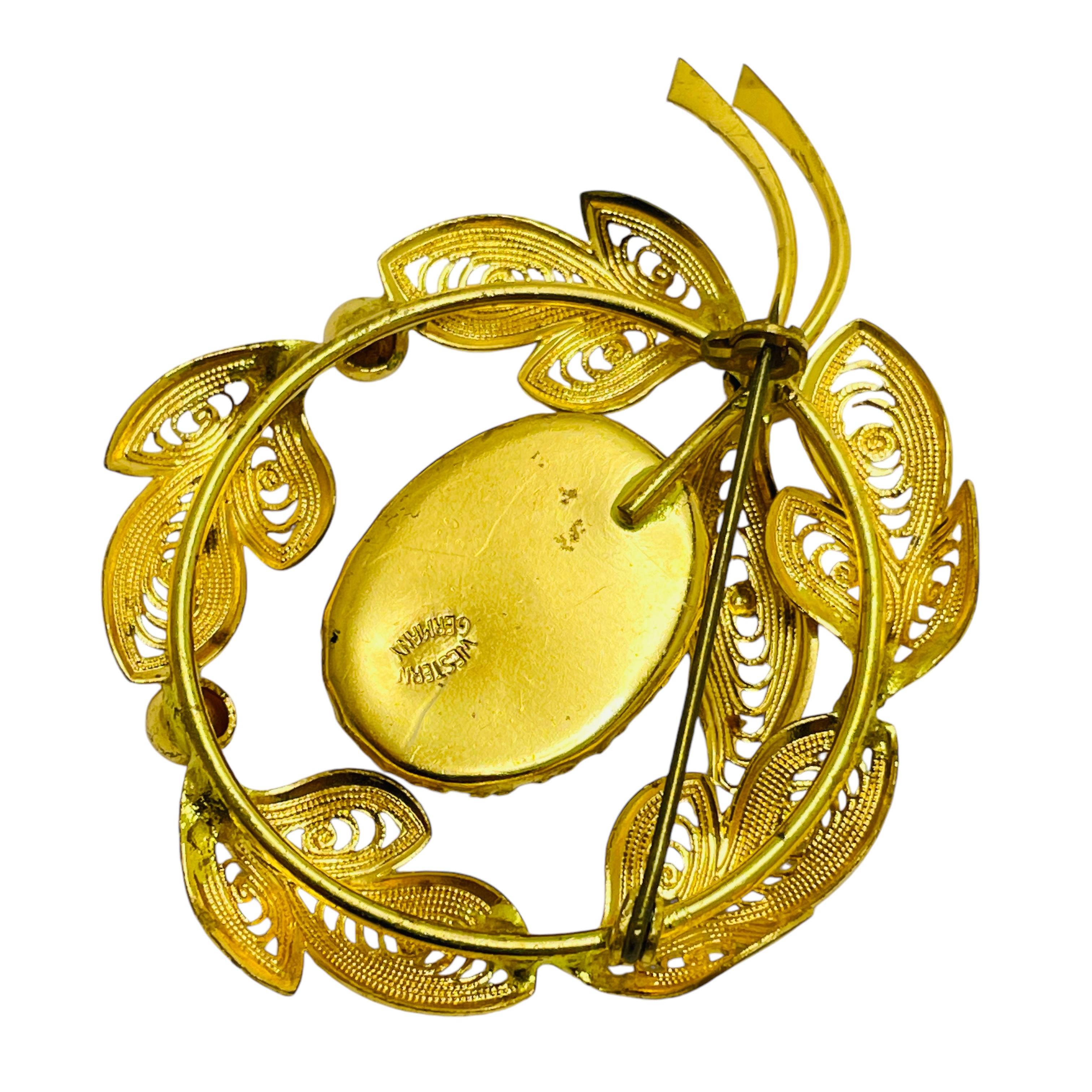 Vintage WESTERN GERMANY gold tone glass designer brooch In Good Condition For Sale In Palos Hills, IL