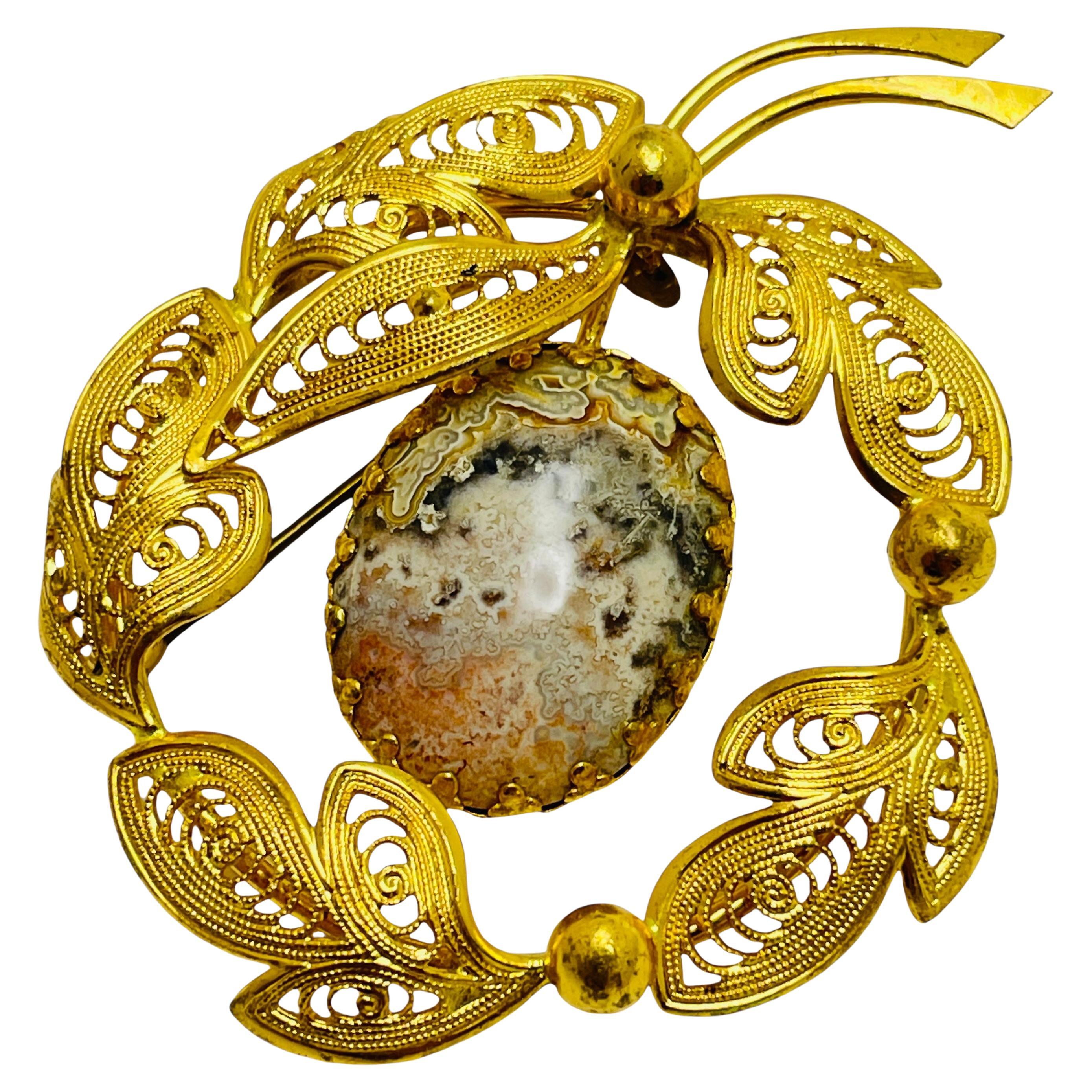 Vintage WESTERN GERMANY gold tone glass designer brooch For Sale