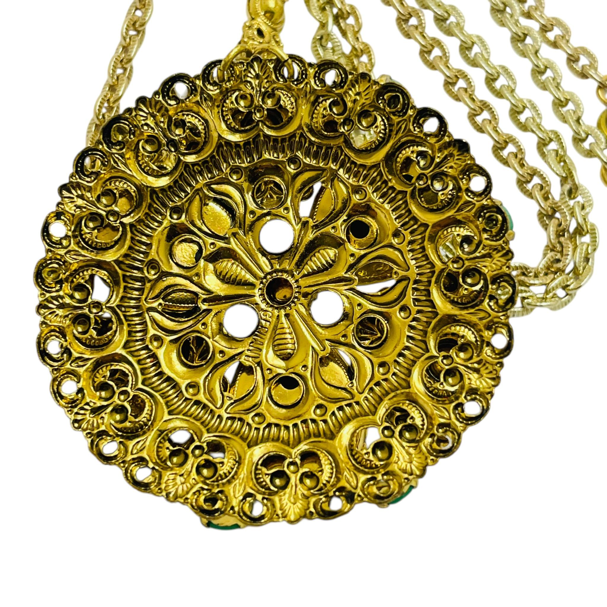 Women's Vintage WESTERN GERMANY gold tone green glass necklace For Sale