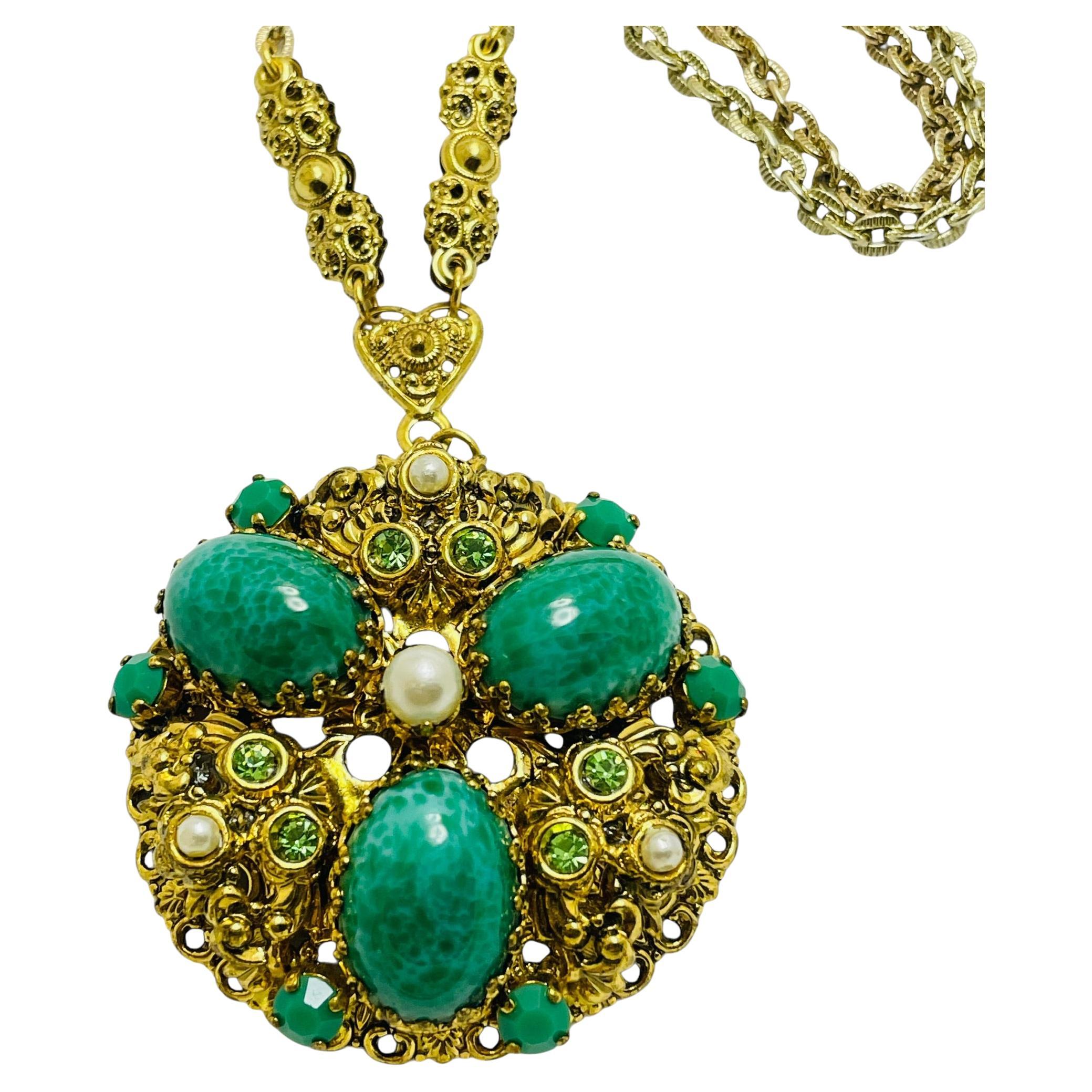 Vintage WESTERN GERMANY gold tone green glass necklace For Sale