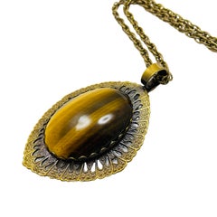Vintage WESTERN GERMANY gold tone tiger eye designer pendant chain necklace