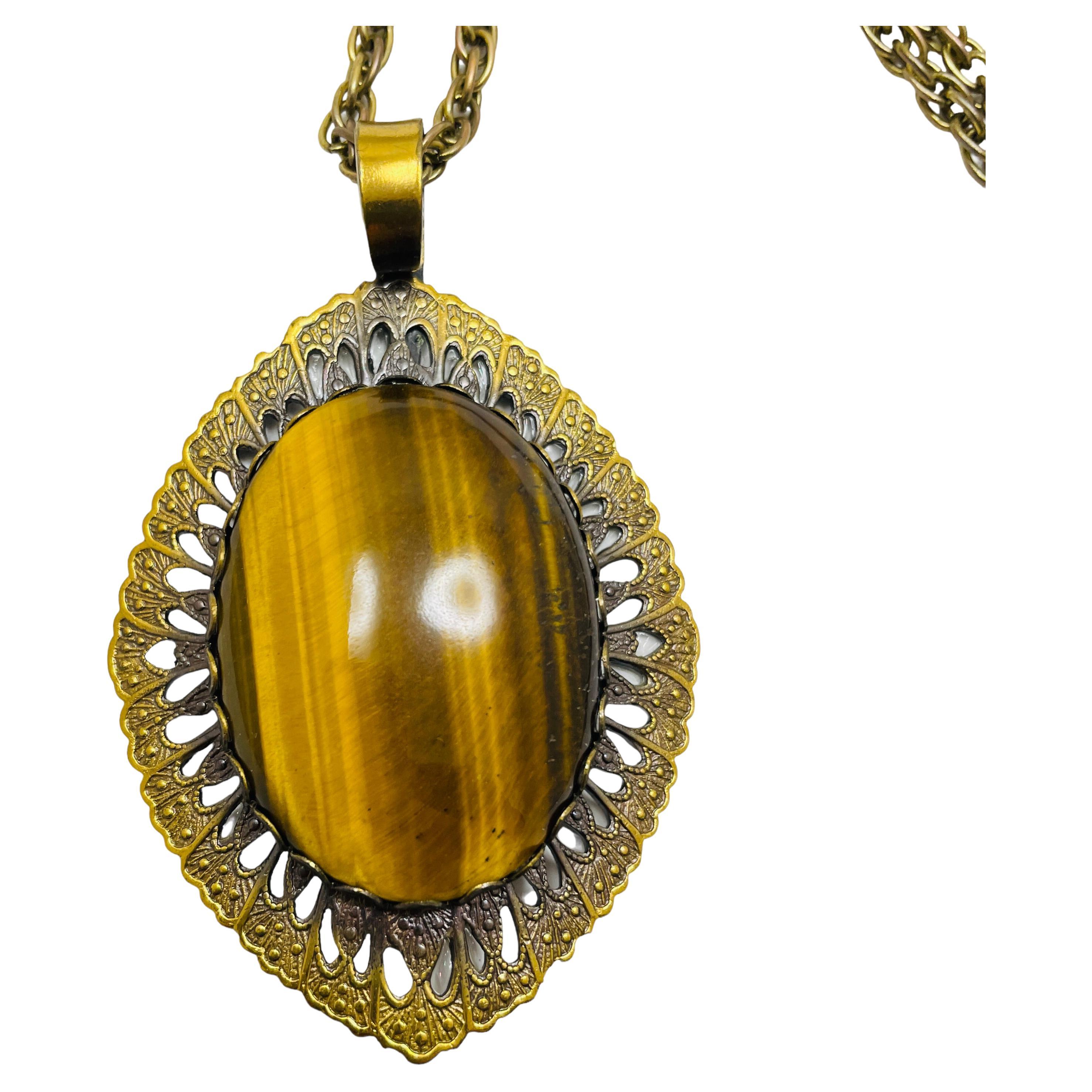 Vintage WESTERN GERMANY gold tone tiger eye designer pendentif chain necklace