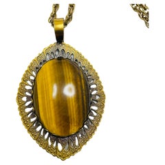 Vintage WESTERN GERMANY gold tone tiger eye designer pendentif chain necklace