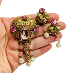 Vintage WESTERN GERMANY signed gold pearls rhinestones designer brooch earrings
