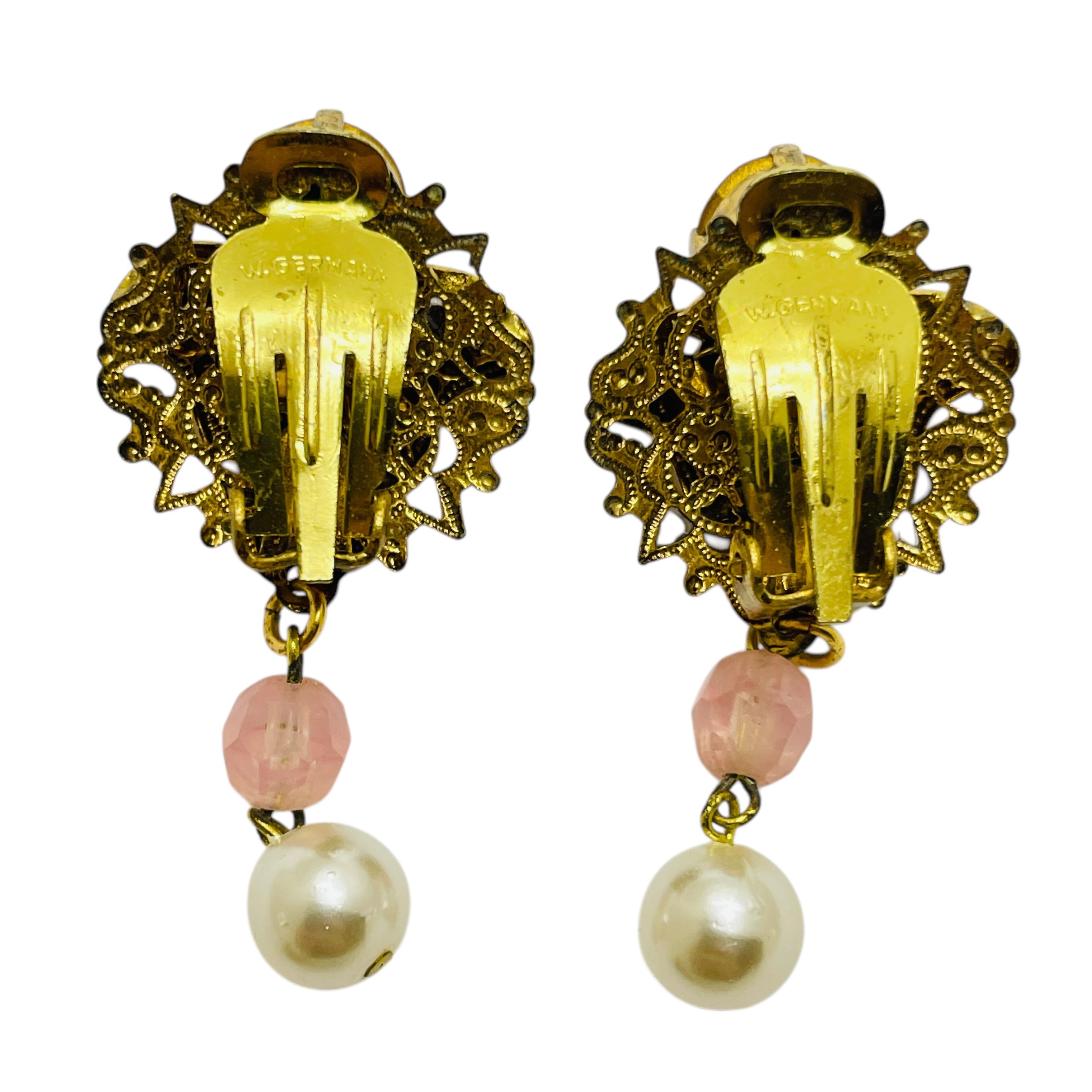 Vintage WESTERN GERMANY signed gold pearls rhinestones designer brooch earrings In Good Condition For Sale In Palos Hills, IL