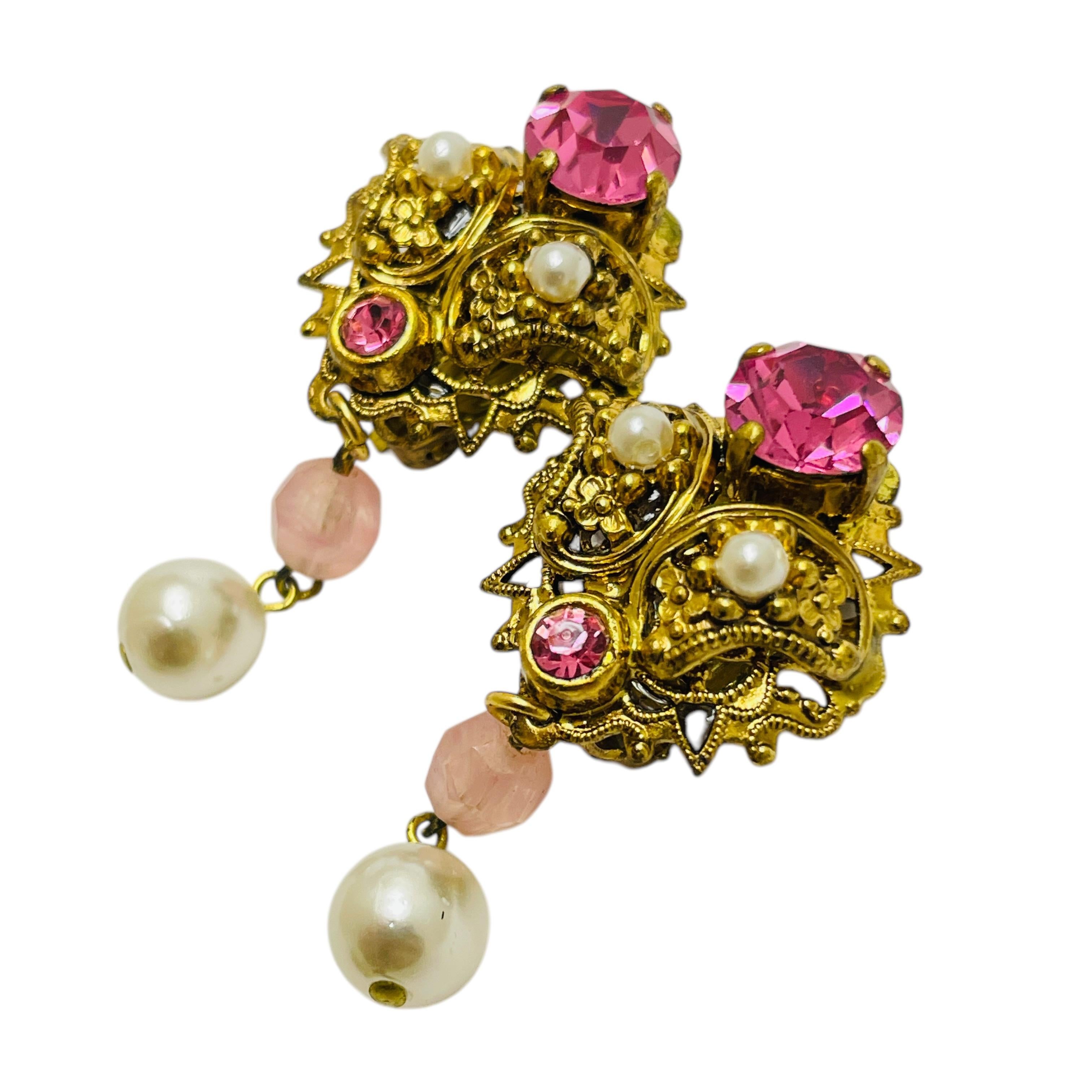 Women's Vintage WESTERN GERMANY signed gold pearls rhinestones designer brooch earrings For Sale