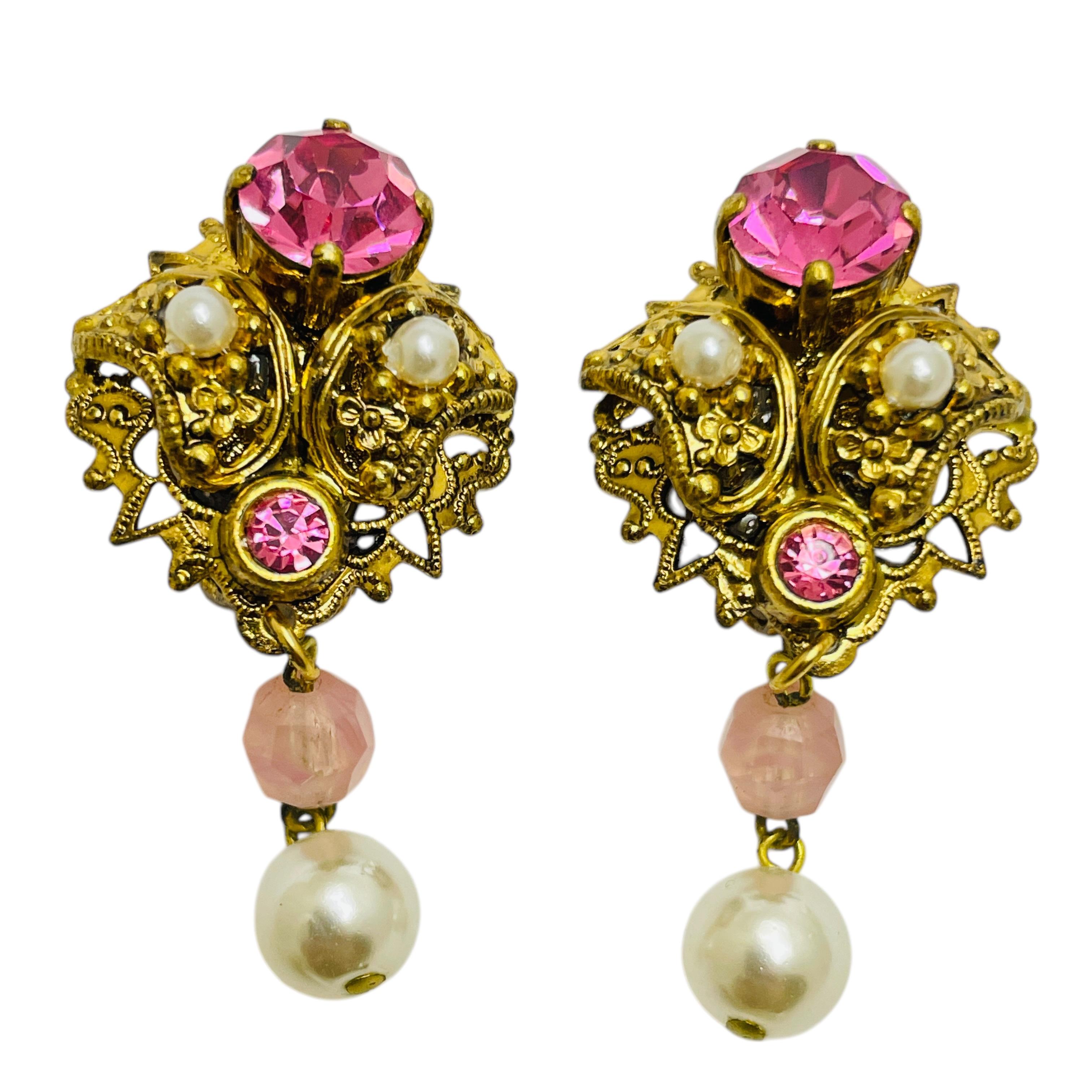 Vintage WESTERN GERMANY signed gold pearls rhinestones designer brooch earrings For Sale 1