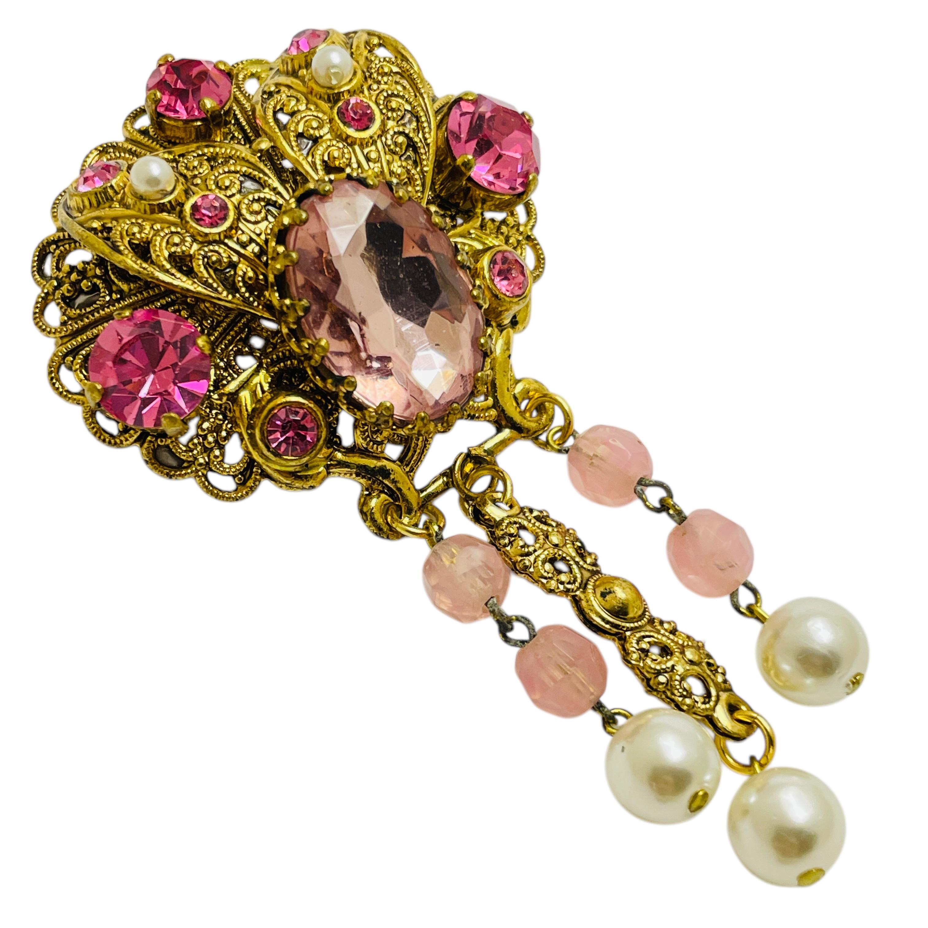 Vintage WESTERN GERMANY signed gold pearls rhinestones designer brooch earrings For Sale 3