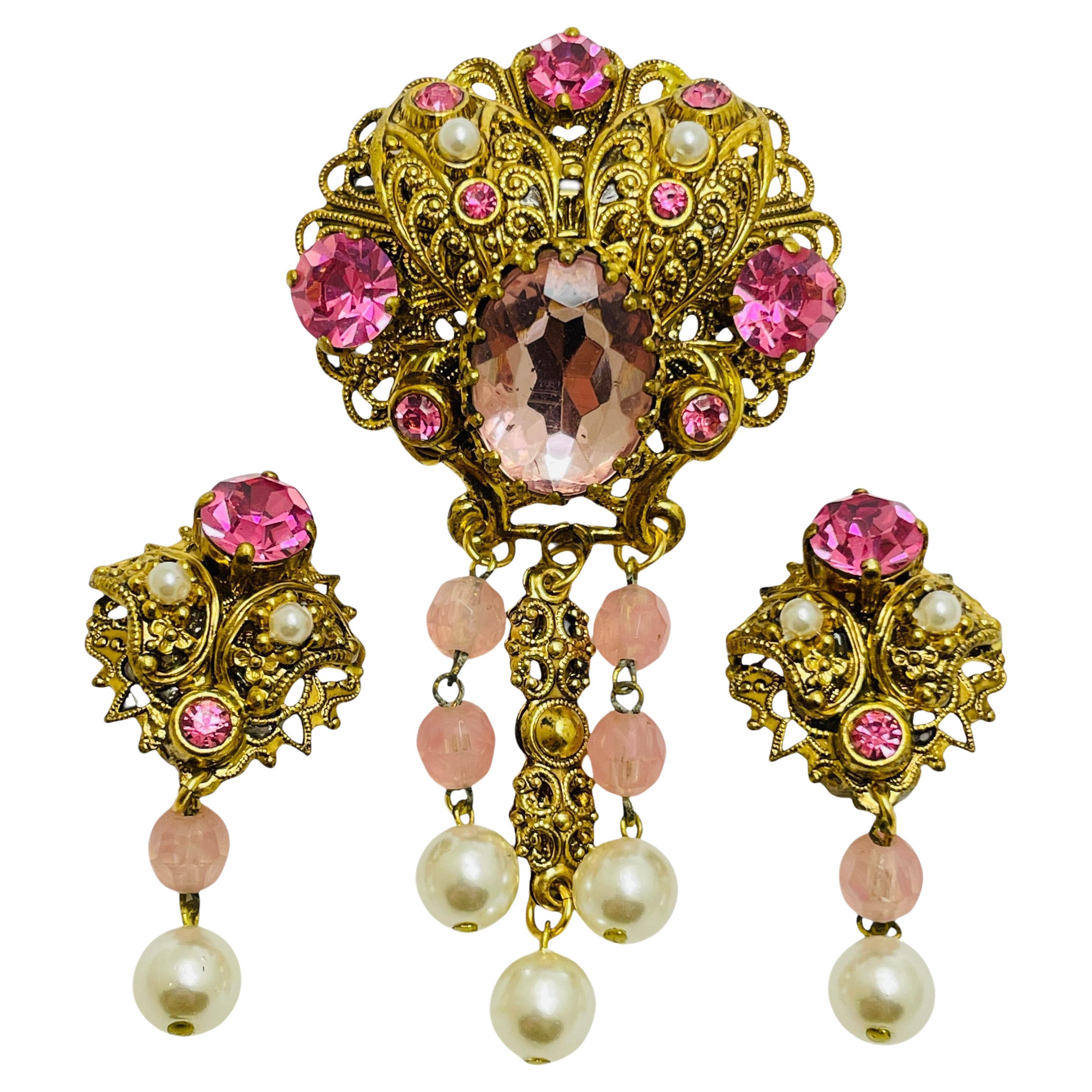 Vintage WESTERN GERMANY signed gold pearls rhinestones designer brooch earrings For Sale