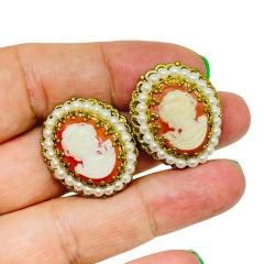 Vintage WESTERN GERMANY signed gold tone faux pearls cameo designer earrings