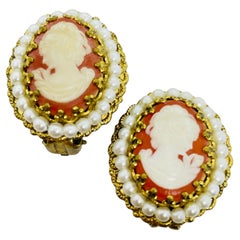 Vintage WESTERN GERMANY signed gold tone faux pearls cameo designer earrings