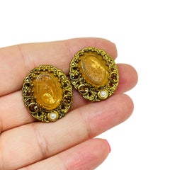 Vintage WESTERN GERMANY signed gold tone glass rhinestone pearl clip on earrings