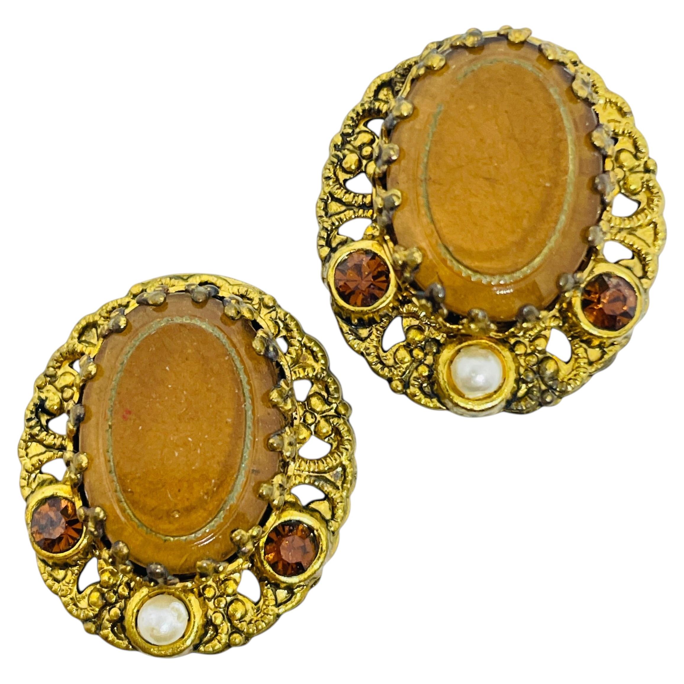 Vintage WESTERN GERMANY signed gold tone glass rhinestone pearl clip on earrings