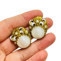 Vintage WESTERN GERMANY signed gold tone milk glass designer clip on earrings