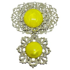 Vintage WESTERN GERMANY silver tone yellow lucite cabochons designer brooch