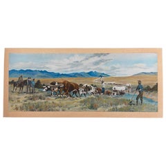 Vintage Western Pioneer Wagon Train Landscape Painting, Signed, Oregon Trail.
