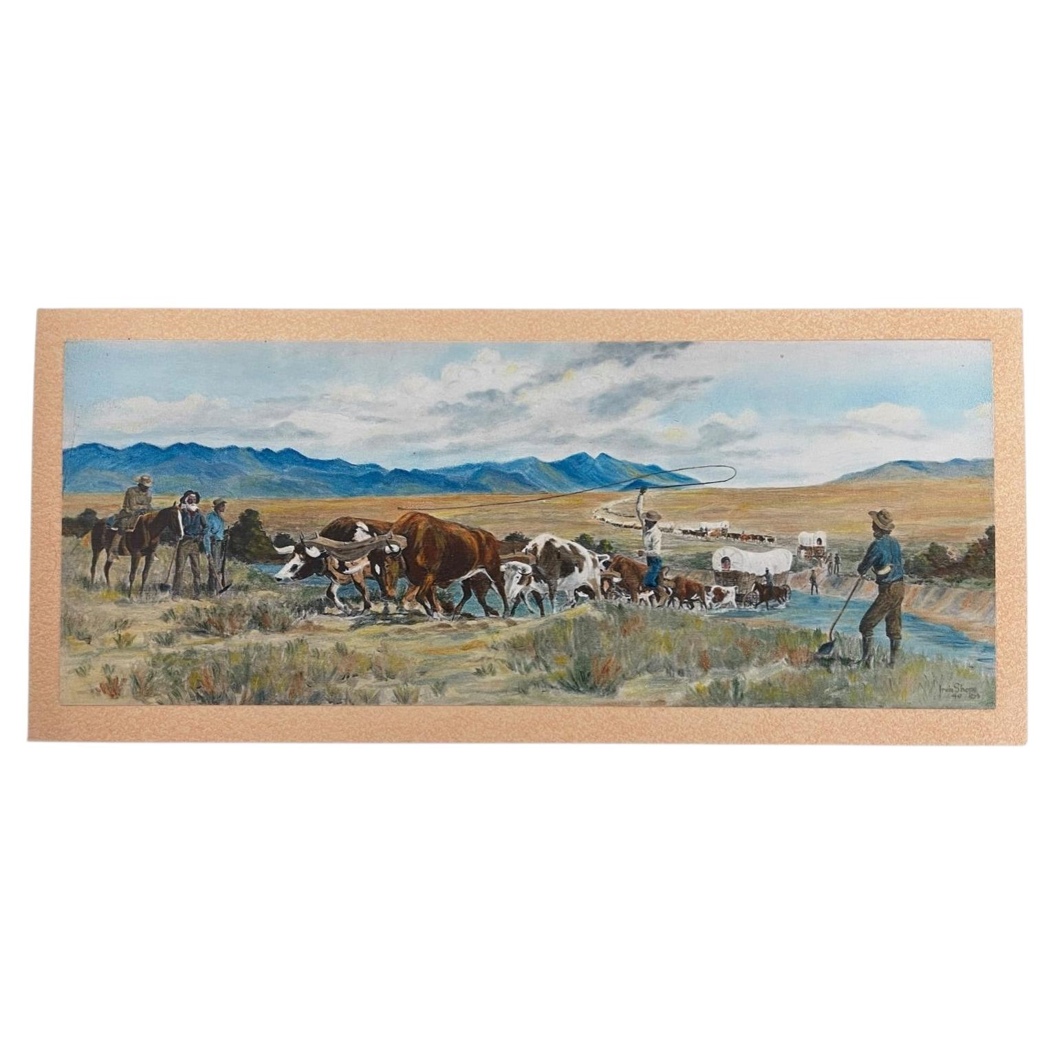 Vintage Western Pioneer Wagon Train Landscape Painting, Signed, Oregon Trail.