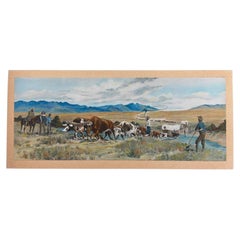 Vintage Western Pioneer Wagon Train Landscape Painting, Signed, Oregon Trail.