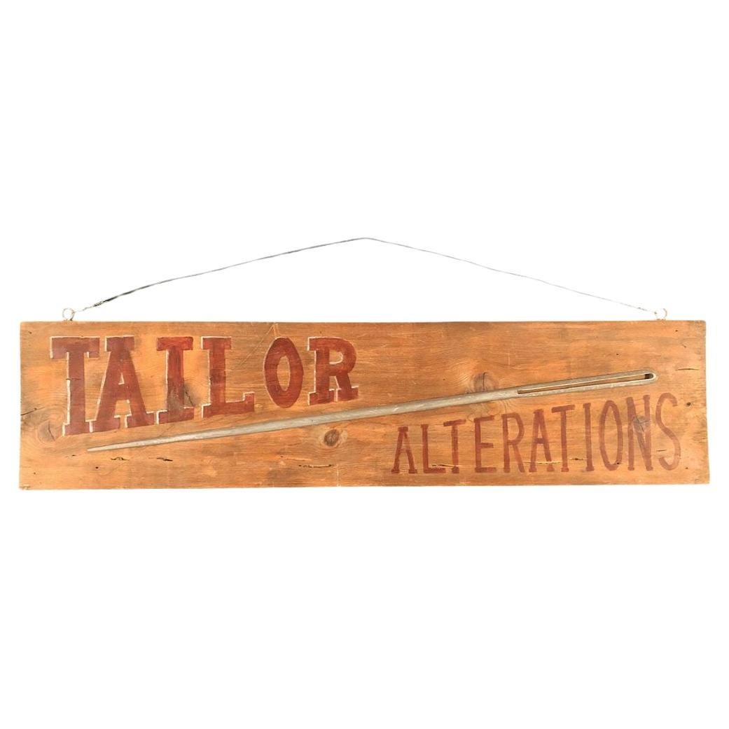 Vintage Western "Tailor Alterations" Hanging Wood Store Sign w/ Thread Needle For Sale