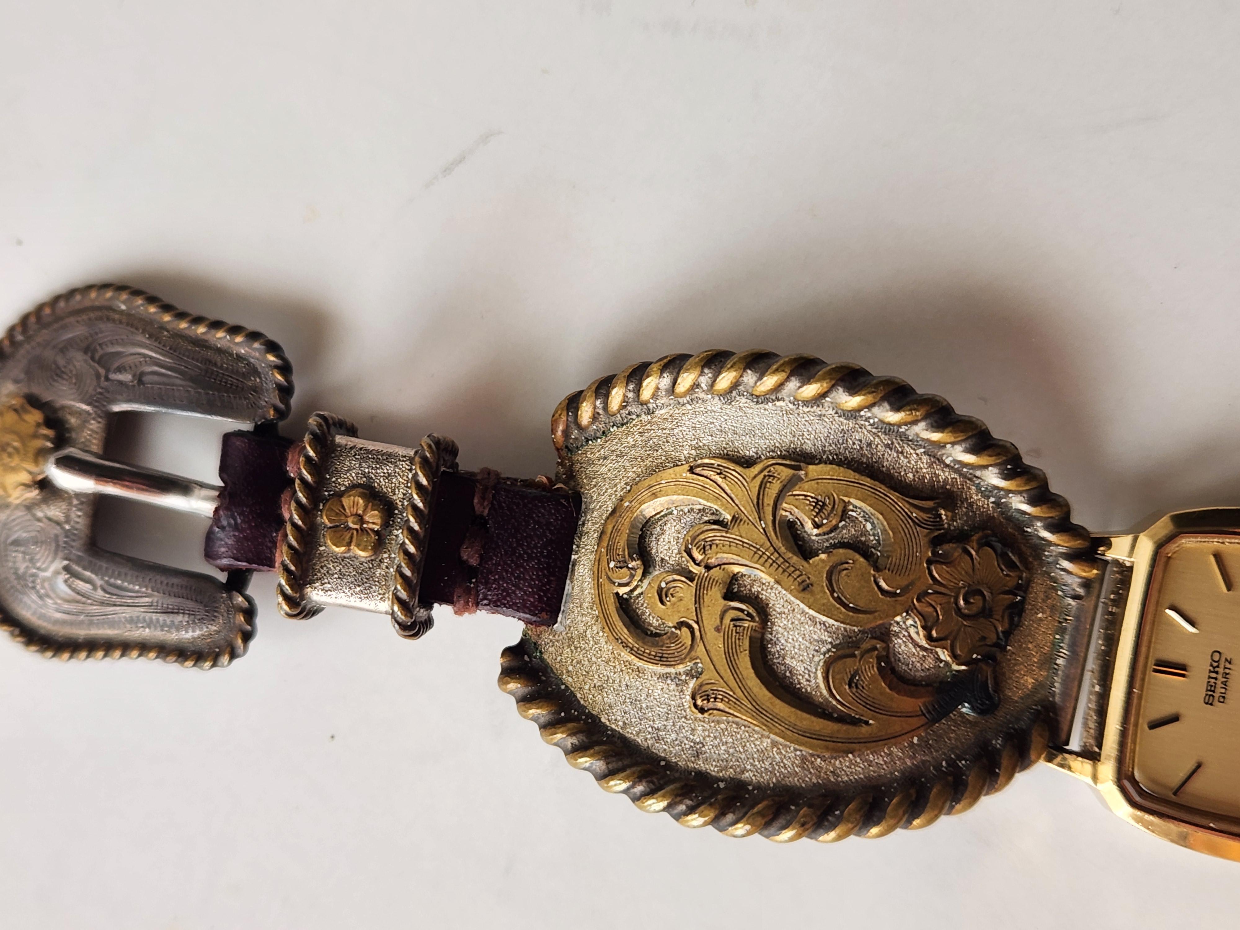 Mid-Century Modern Vintage Western Watch Sterling Silver Leather Band en vente