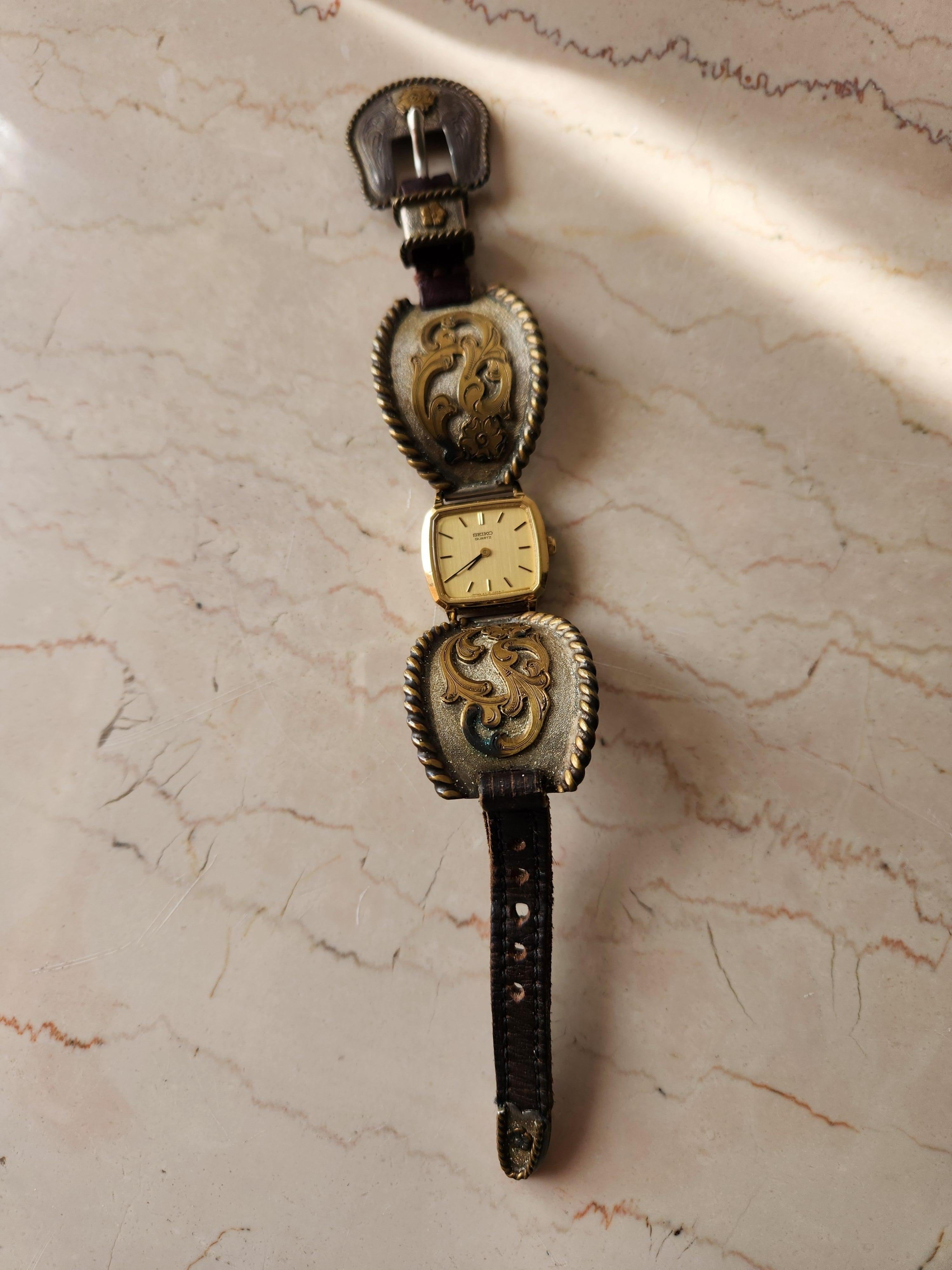 Vintage Western Watch Sterling Silver Leather Band Bon état - En vente à Chula Vista, CA
