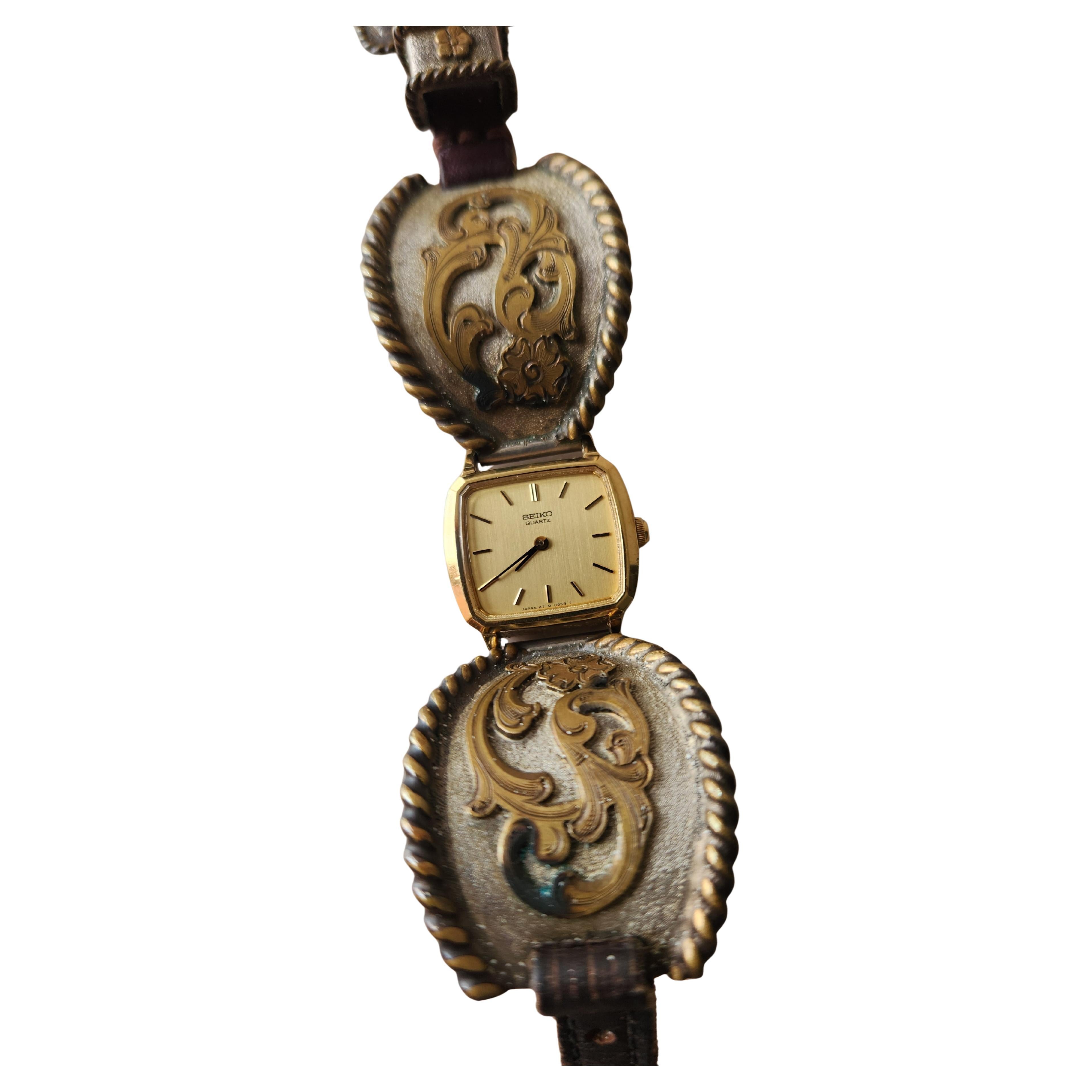 Vintage Western Watch Sterling Silver Leather Band en vente