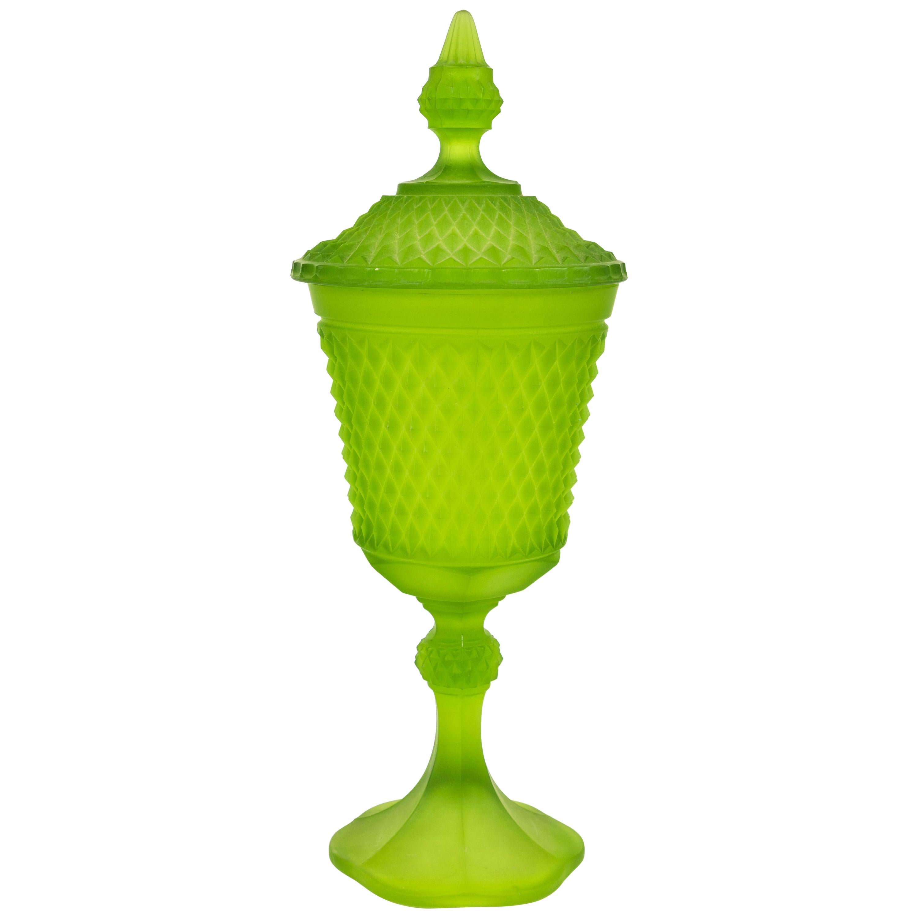 Vintage Westmoreland Green Satin Glass Footed Jar with Lid at 1stDibs