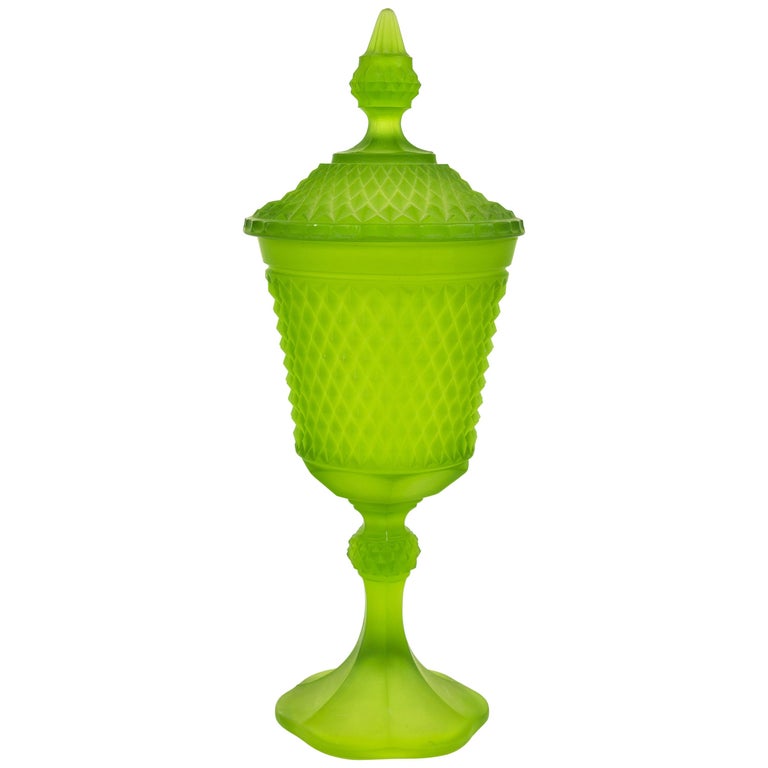 Vintage Westmoreland Green Satin Glass Footed Jar with Lid at 1stDibs