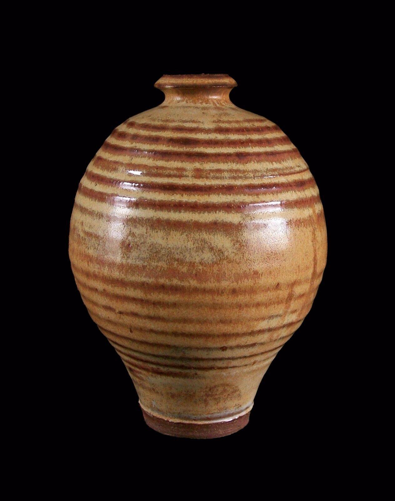 Vintage terracotta wheel thrown studio pottery vase - thick matte butterscotch glaze to the exterior stopping precisely 3/8