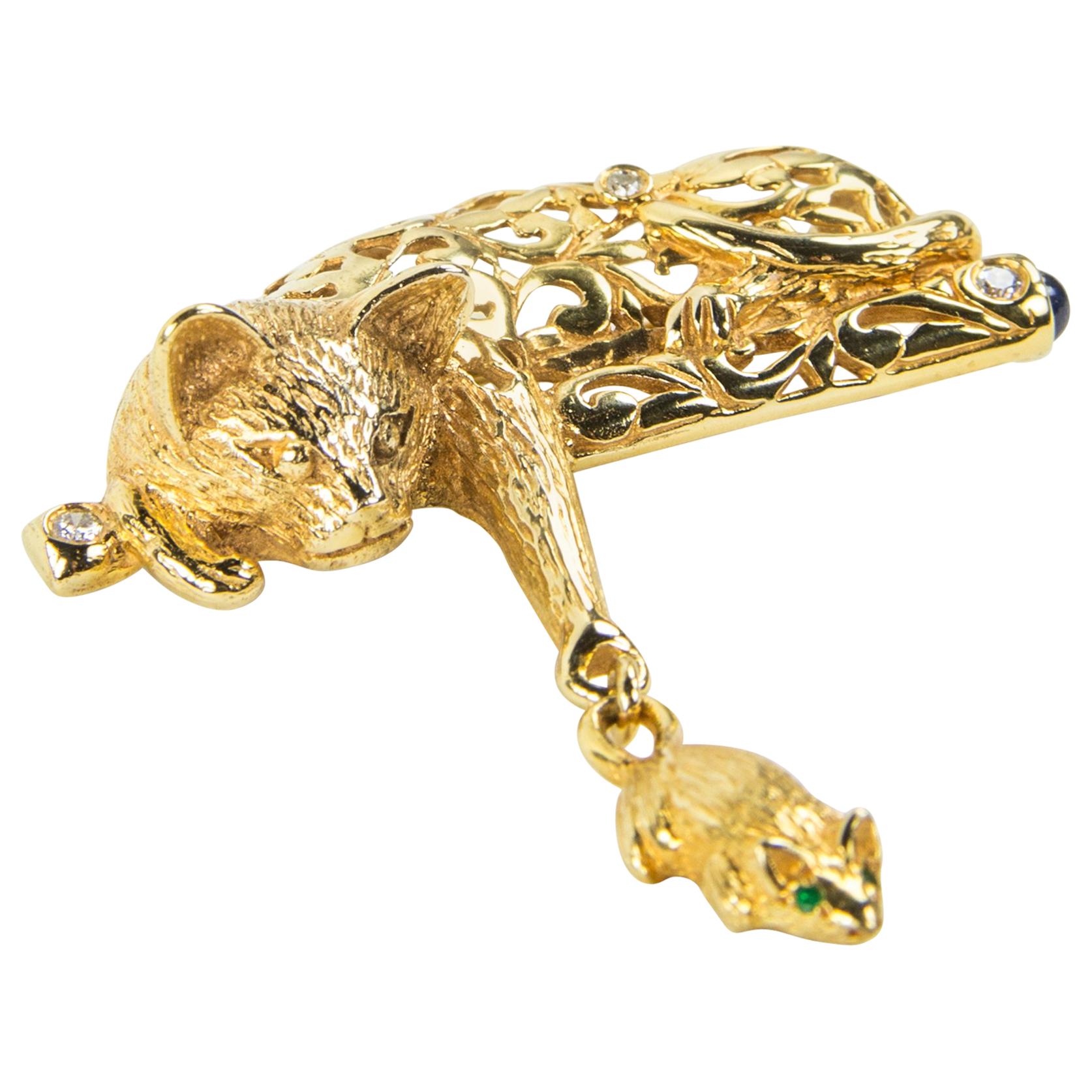 Whimsical Cat and Mouse Gold Brooch Pin Estate Fine Jewelry
