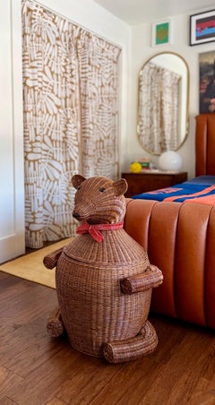 Vintage Whimsical Figural Rattan Wicker Bear Basket Hamper With Lid