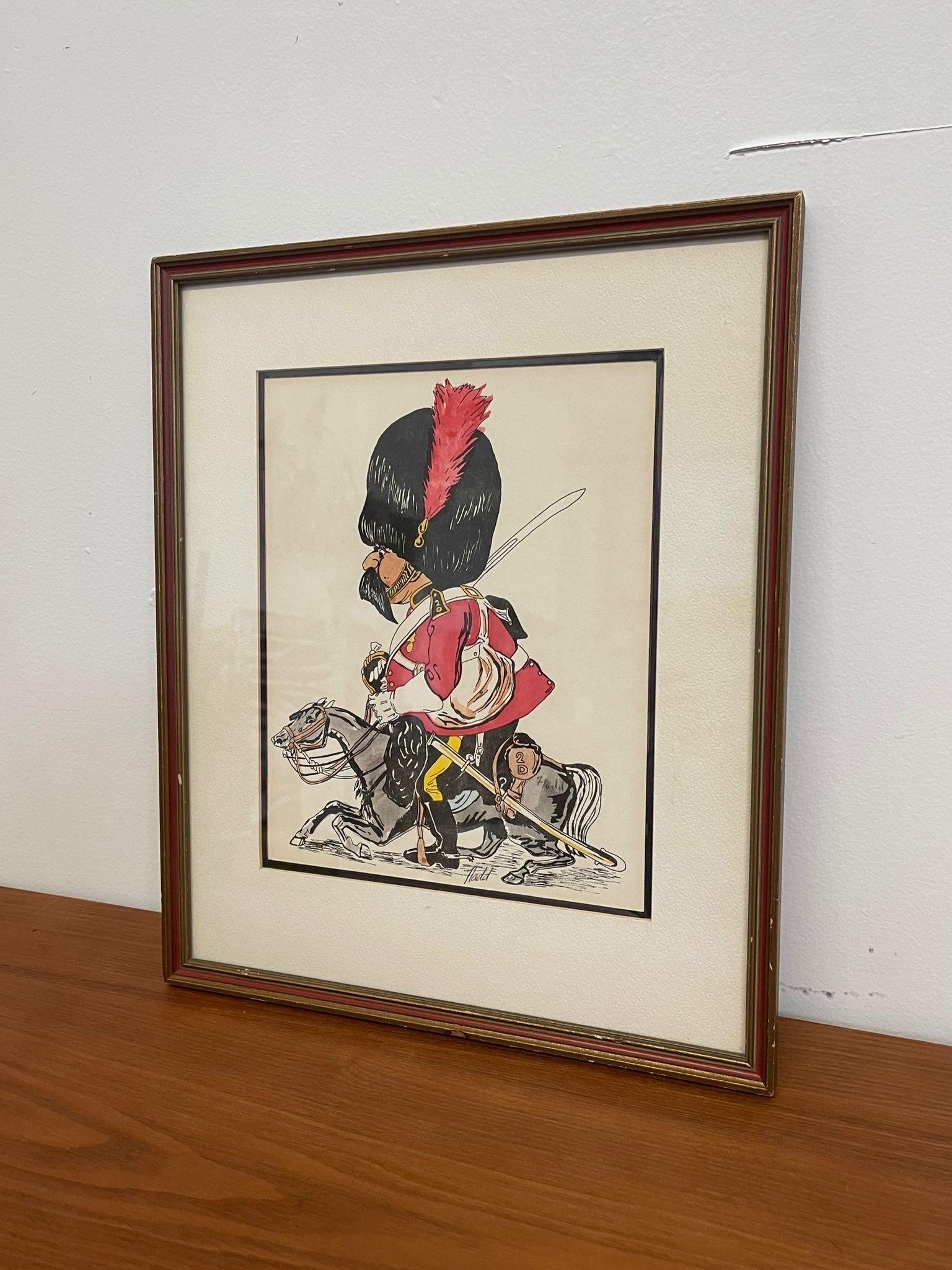 Mid-Century Modern Vintage Whimsical Paint Illustration of British Soldier in Wood Frame. For Sale