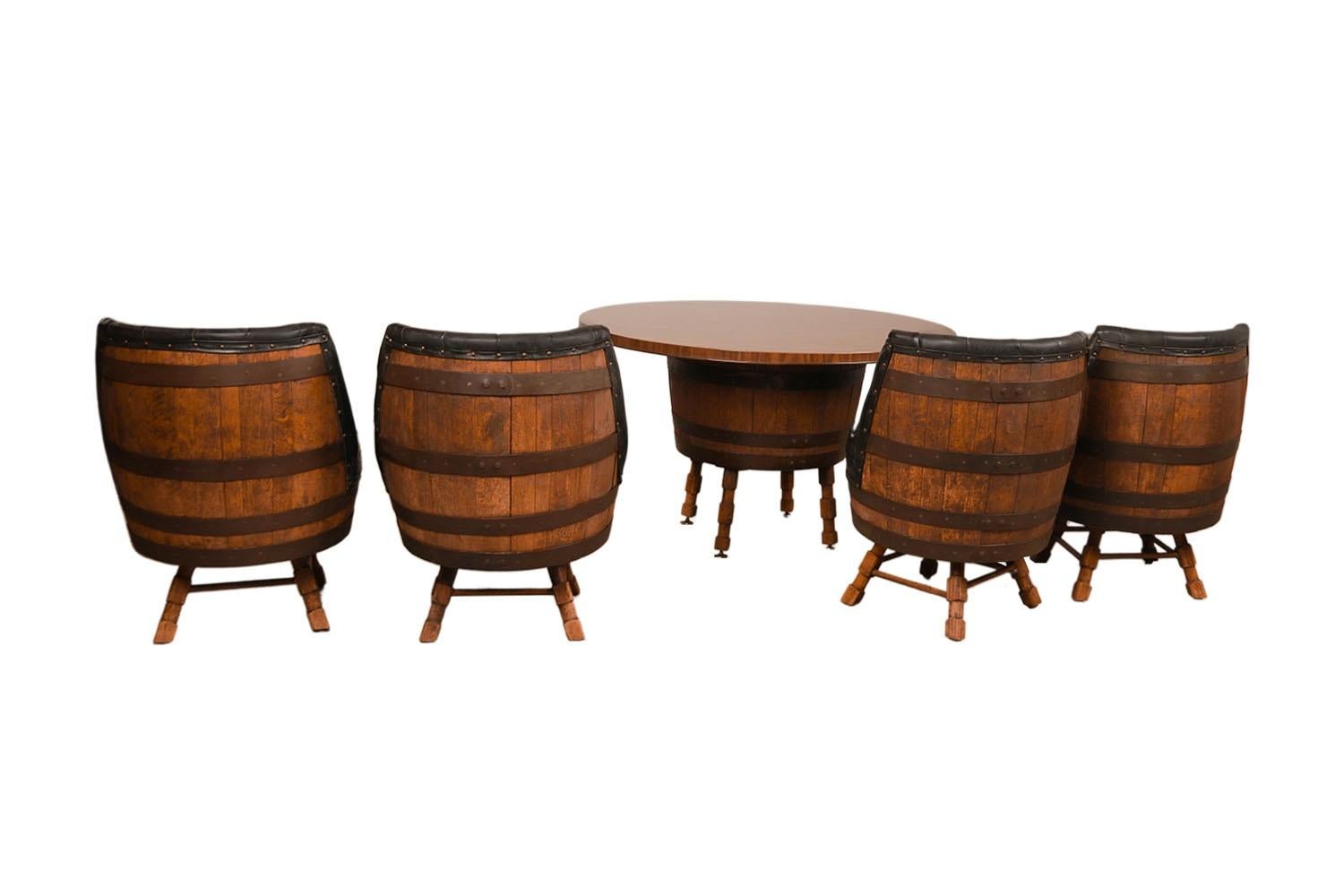 Mid-Century Modern Vintage Whiskey Barrel Dining Set Table Swivel Chairs  For Sale